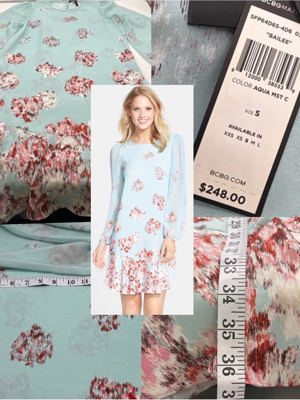 BCBGMAXAZRIA Bailee Aqua Mist Floral Flounce Shift Dress NWT S $248